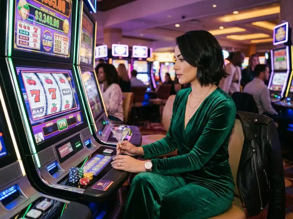 Chic female gambler playing slot machines in a real casino, inspired by aztec treasure free slot game 2026 online casino theme.