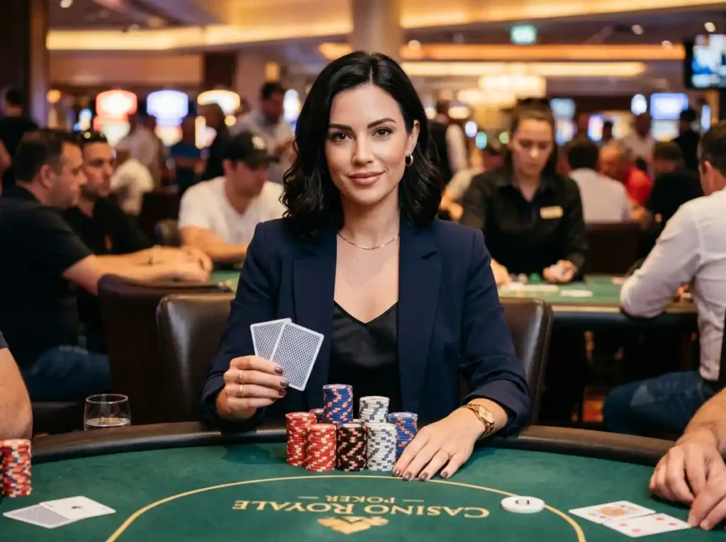 Chic female casino guest in a real casino, front view, holding chips and playing cards, associated with aztec treasure free slot game 2026 online casino experience.