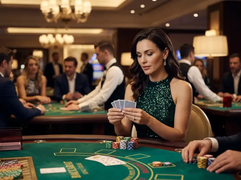 Glamorous female player seated at a real casino table game, confidently holding playing cards, capturing the excitement of the aztec treasure free slot game 2026 experience within an online casino-themed promotion.