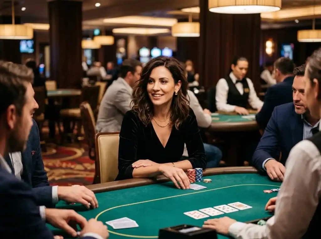 Elegant female guest smiling at a poker table in a real casino setting, enjoying the atmosphere while exploring the best facebook slot games 2026 in an online casino experience.