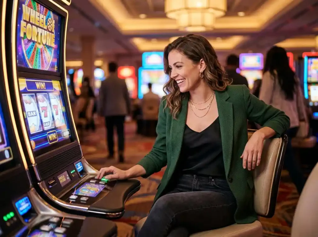 Elegant woman playing a slot machine inside a real casino, enjoying the atmosphere while exploring best facebook slot games 2026 for entertainment inspiration.