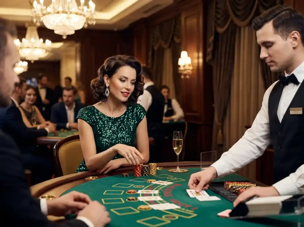 Elegant female guest playing slot machines inside a real casino, exploring best facebook slot games 2026 in a lively gaming environment.