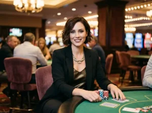 Stylish female player sitting at a poker table in a real casino, smiling toward the camera, showcasing the vibe of best facebook slot games 2026 in an online casino environment.