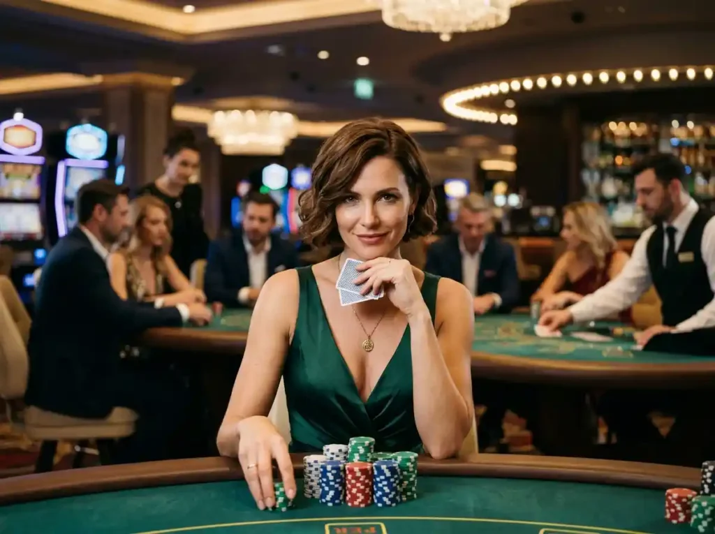 Chic female casino guest at a poker table inside a real casino, looking at camera while exploring the best jili slot game guide for online casino strategies.