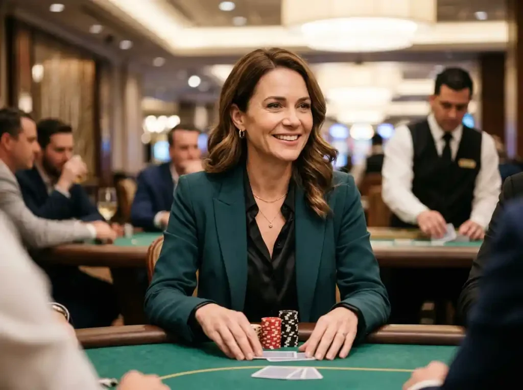 Elegant woman smiling at a poker table inside a real casino, enjoying the lively atmosphere while exploring the best jili slot game guide for online casino entertainment.