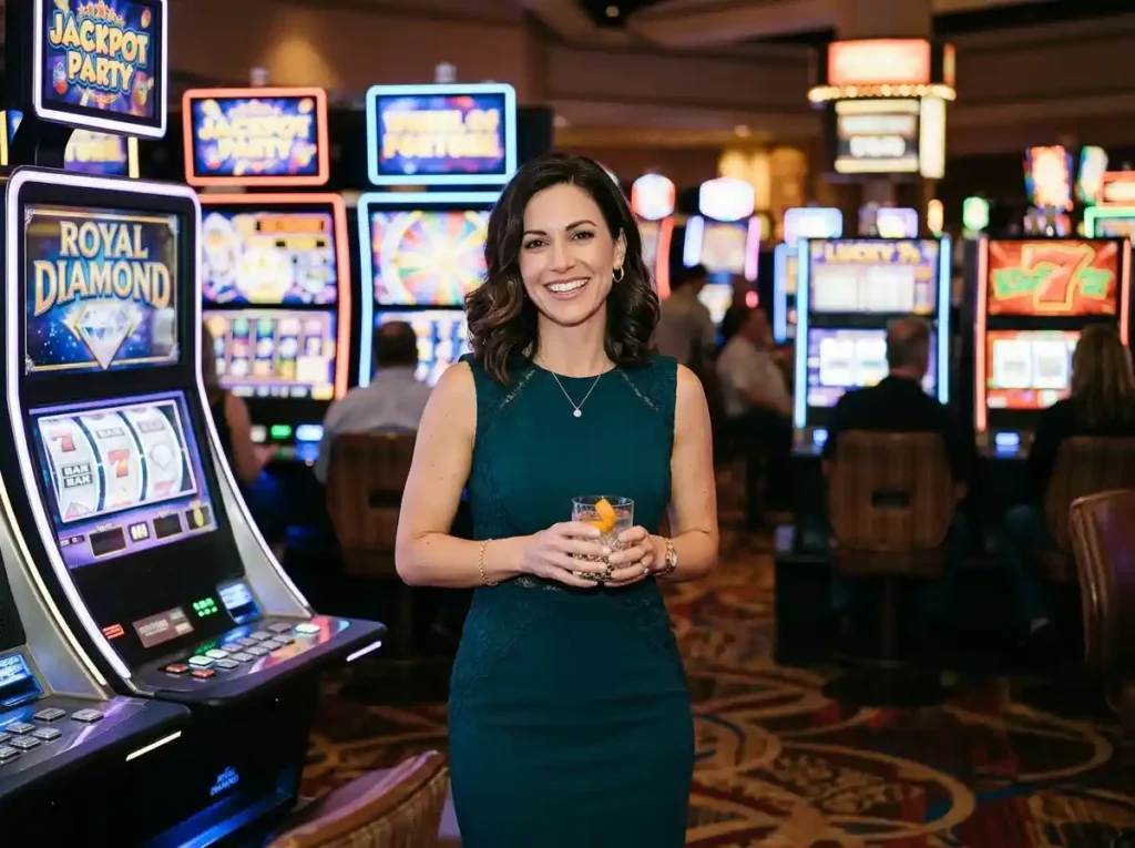 Elegant woman smiling while sitting in a real casino beside a slot machine, reflecting the idea of the best jili slot game guide for players exploring online casino entertainment.