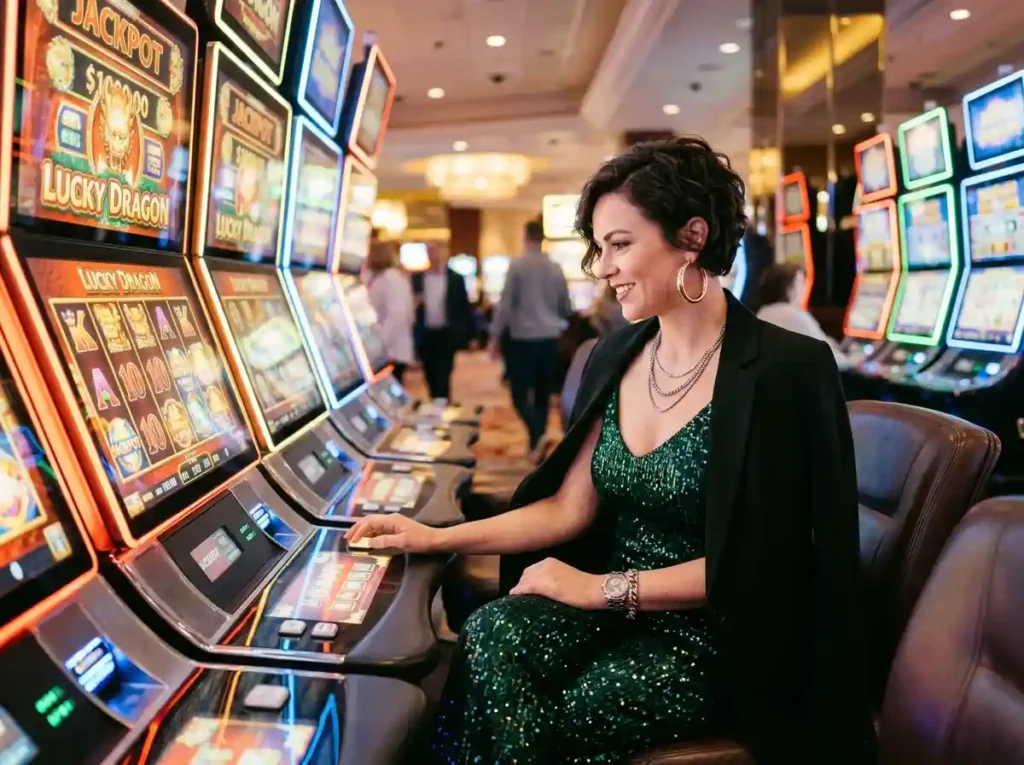 Woman playing slot machines inside a real casino, enjoying the atmosphere while exploring the best jili slot game guide in an online casino gaming context.