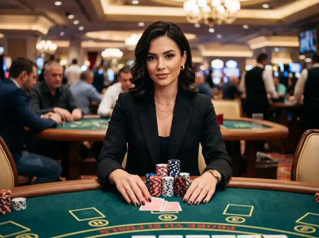 Stylish female casino player holding poker chips and cards inside a luxury casino, representing the excitement of the best online casino Asia in 2026