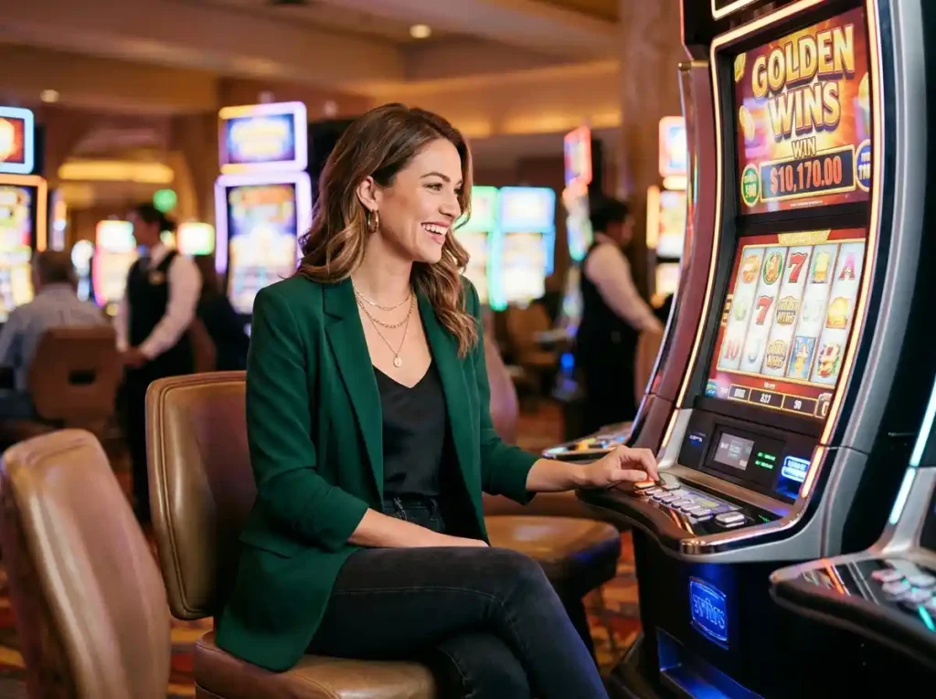 Elegant female guest playing a slot machine inside a luxury casino, reflecting the excitement of the best online casino Asia in 2026