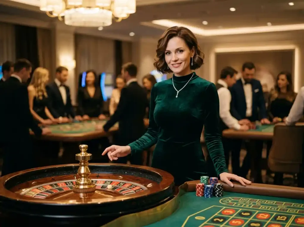 Stylish female player facing the camera while enjoying roulette inside a luxury casino, representing the excitement of the best online casino Asia in 2026