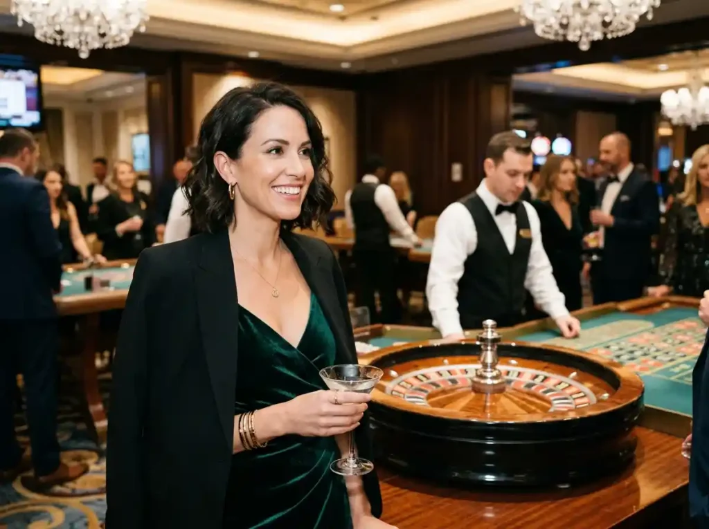 Stylish female smiling inside a luxury casino with a roulette wheel background, representing the excitement of the best online casino Asia in 2026