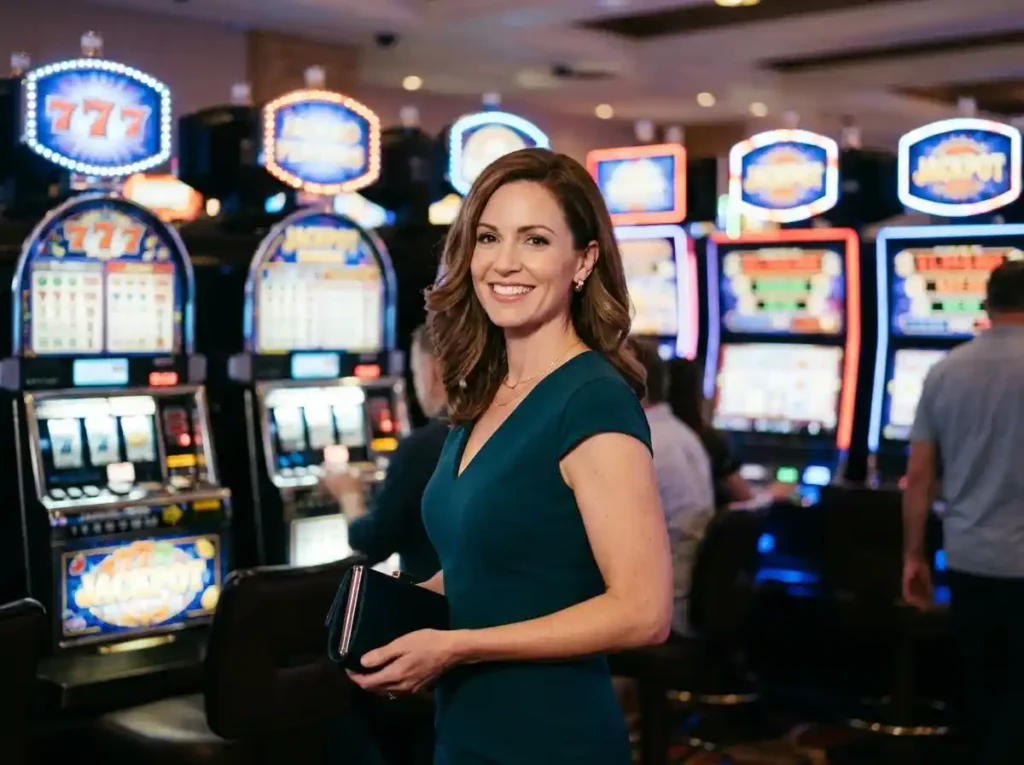 Elegant woman smiling beside a glowing slot machine inside a luxury casino, representing the excitement behind the best online casino bonus tips