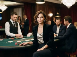 Fashionable woman at a VIP blackjack table in a luxury casino, front-facing and confidently playing cards, representing the excitement behind the best online casino bonus tips