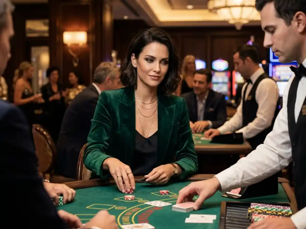 Stylish female gambler playing a table game inside a luxury casino while exploring the best online casino bonus tips for smarter gaming strategies