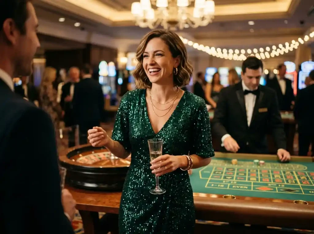 Stylish woman smiling inside a luxury casino with a roulette wheel background, representing the excitement of best online casino bonus tips and rewarding casino experiences