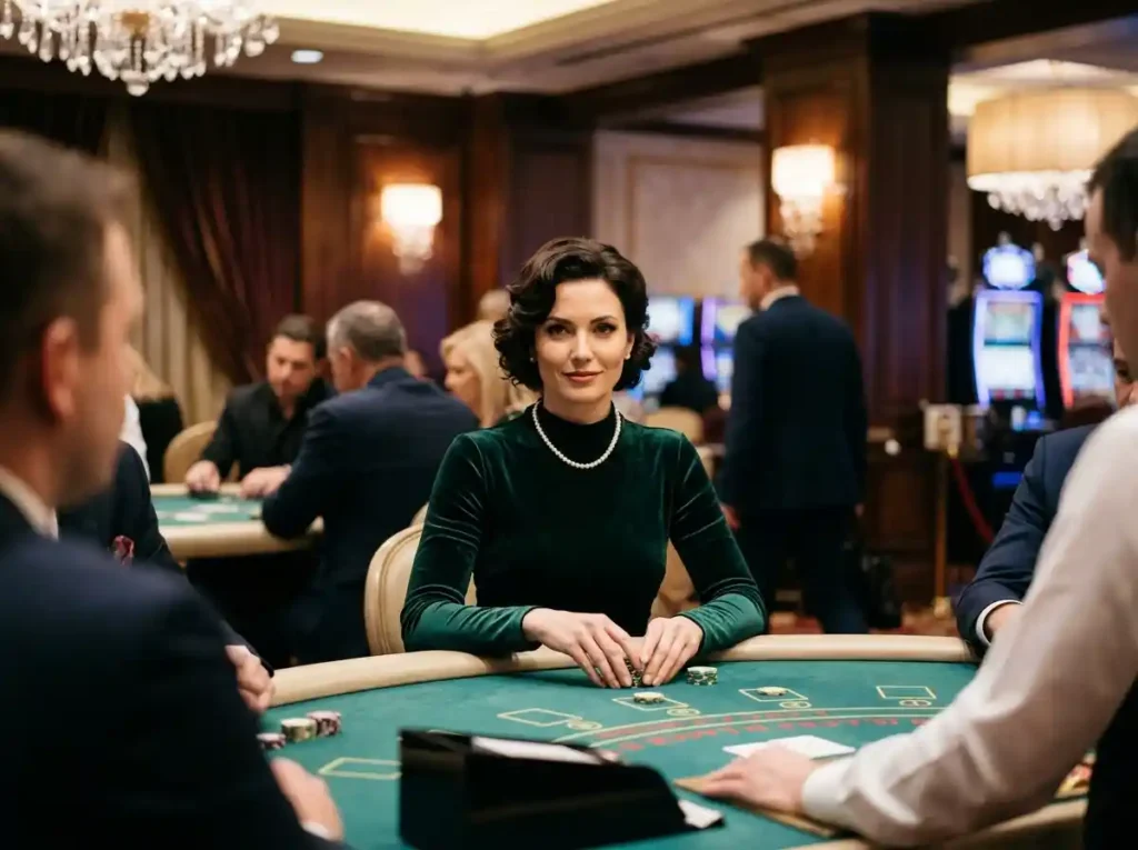 Elegant casino guest facing front while playing a table game inside a luxury casino, representing the excitement of the best online casino free bonus no deposit 2026 experience