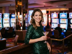 Elegant casino portrait of a stylish player enjoying a slot machine inside a real casino while thinking about the best online casino free bonus no deposit 2026 offers available online