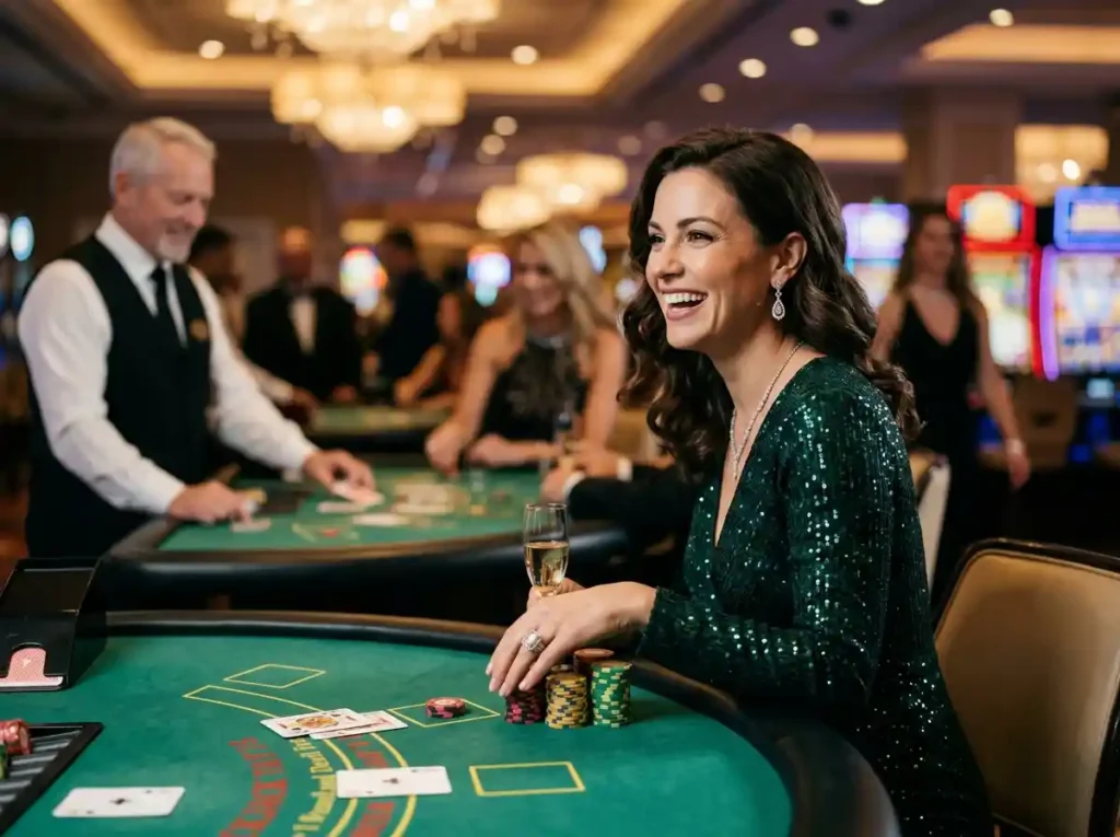 Glamorous woman enjoying a blackjack game inside a luxury casino, capturing the excitement often linked to the best online casino free bonus no deposit 2026 offers