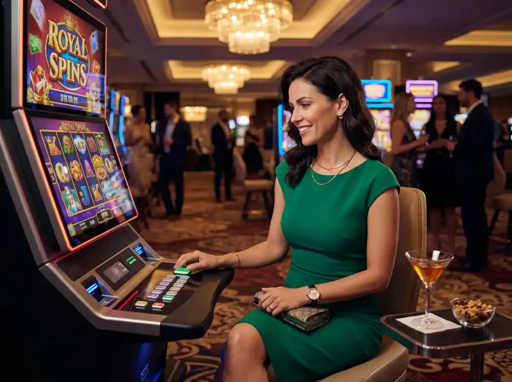 Woman playing a slot machine inside a luxury casino, capturing the vibe of best online casino free bonus no deposit 2026 experience in an online casino setting.