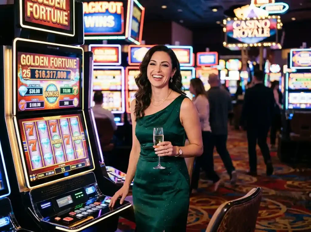Elegant female guest smiling on a real casino floor with glowing slot machines in the background, reflecting the bmy12 online casino login 2026 experience in a luxury online casino setting.