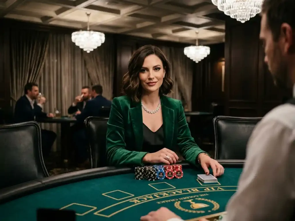 Fashionable female seated at a VIP blackjack table inside a real casino, front-facing view with elegant lighting, representing bmy12 online casino login 2026 in a premium gaming environment.