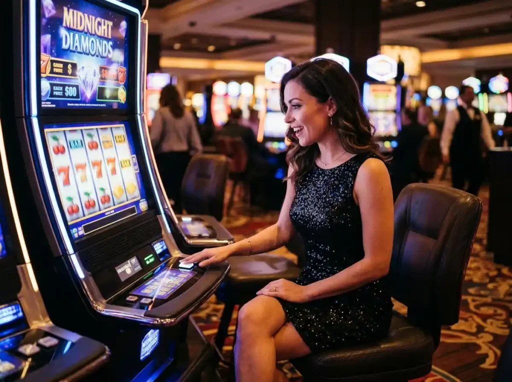 Glamorous female player inside a real casino enjoying spinning slot reels, capturing the excitement of bmy12 online casino login 2026 experience in a lively gaming environment.