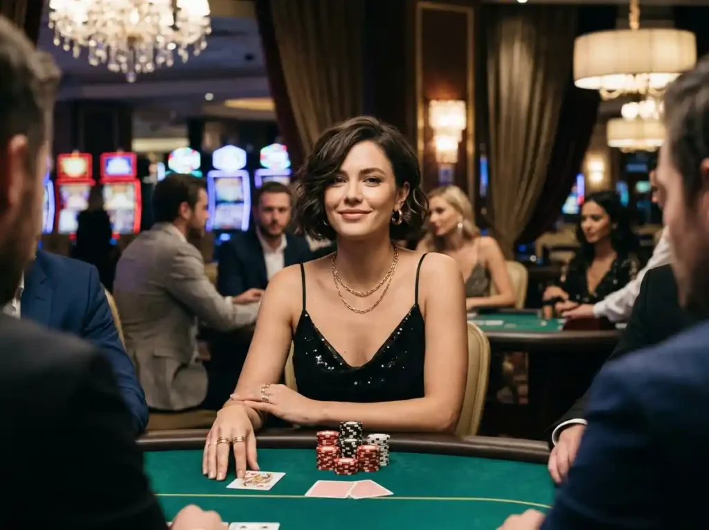 Stylish woman facing the camera at a real casino poker table, surrounded by chips and cards in a luxury gaming setting that reflects the bmy12 online casino login 2026 experience.