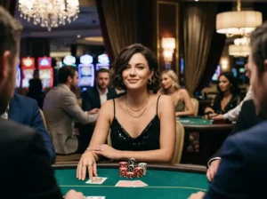Stylish woman facing the camera at a real casino poker table, surrounded by chips and cards in a luxury gaming setting that reflects the bmy12 online casino login 2026 experience.