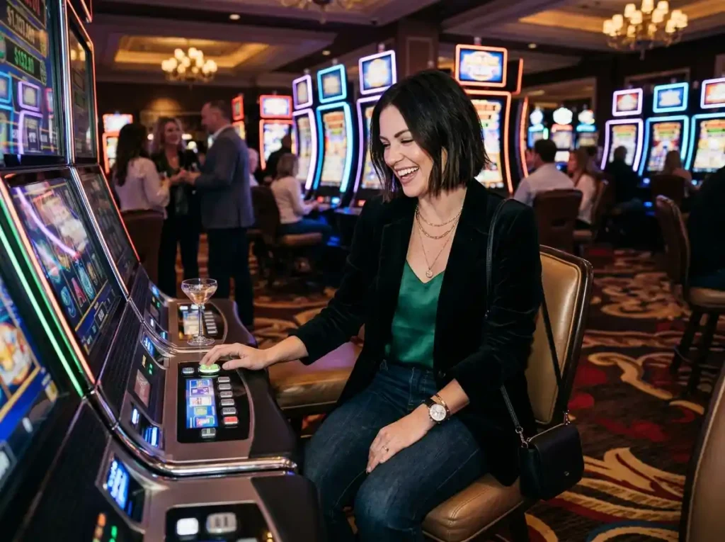 Chic female guest enjoying slot machines inside a real casino, reflecting the buenas ph all slots casino experience in a setting similar to an online casino environment.