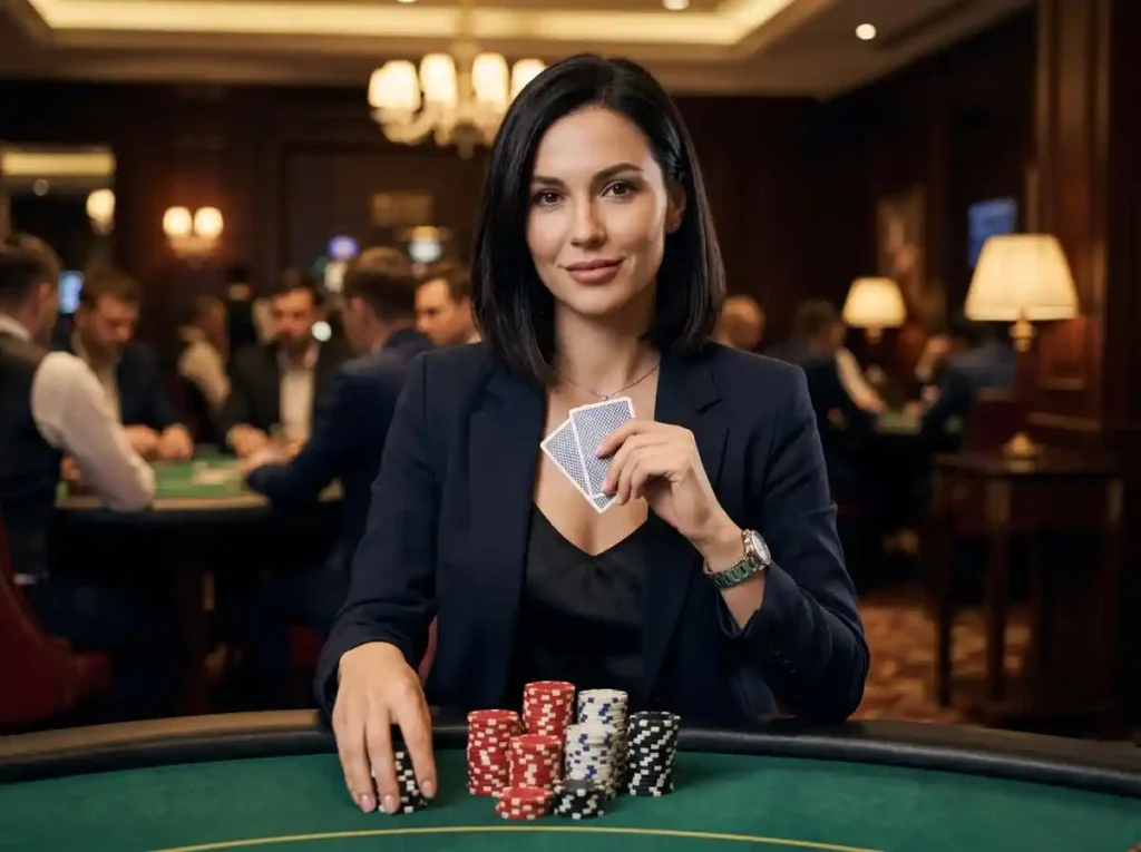 Chic woman player with casino chips and playing cards inside a real casino setting, representing buenas ph all slots casino online casino experience.