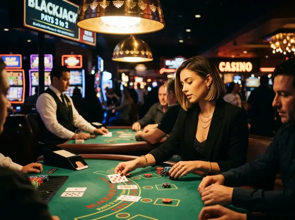 Female player sitting under casino table lights inside a real casino, enjoying the atmosphere of an online gaming experience linked with buenas ph all slots casino.