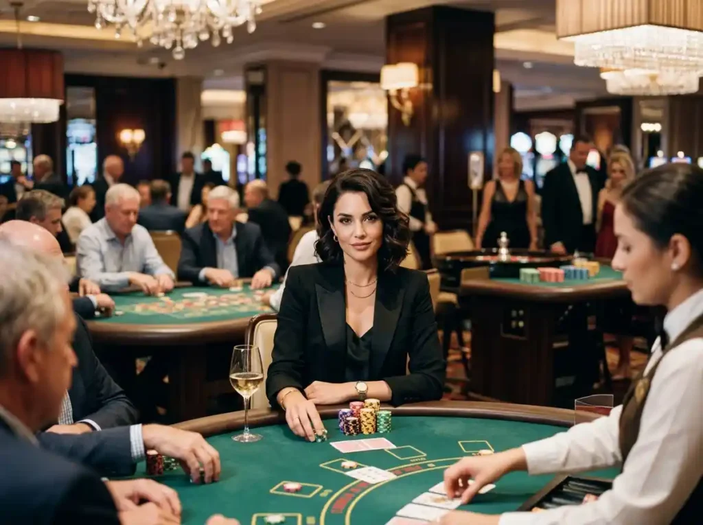 Chic casino guest looking at camera while seated at a poker table in a real casino, capturing the atmosphere often discussed in the do 888 online casino 2026 guide and modern online casino trends.