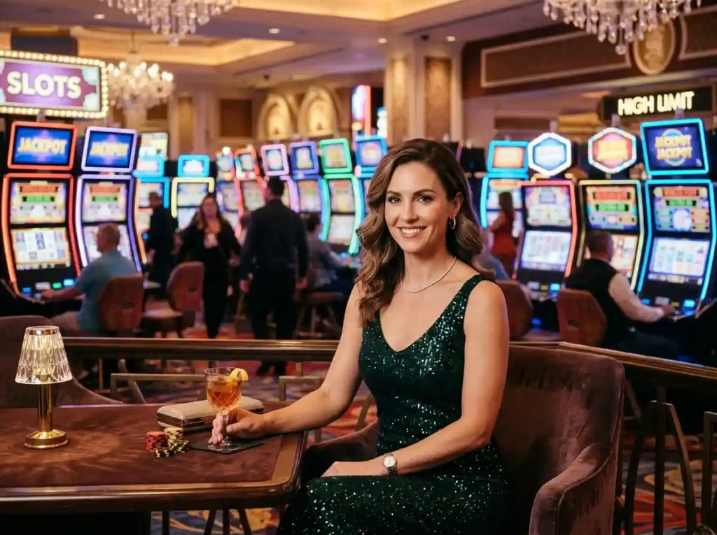 Elegant woman playing slot machine inside a real casino with vibrant lights and gaming atmosphere, reflecting the theme of the do 888 online casino 2026 guide in a modern online casino context.