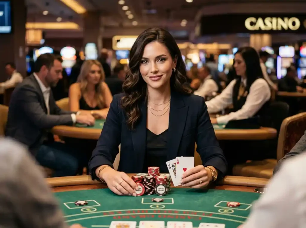 Female casino player holding chips and playing cards at a table in a real casino, representing the do 888 online casino 2026 guide experience with online casino gameplay strategies.