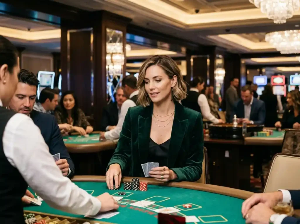 Elegant female gambler seated at a casino table in a real casino, enjoying the lively atmosphere while engaging with the fb777 slot casino experience in a seamless blend of live gaming and online casino entertainment.