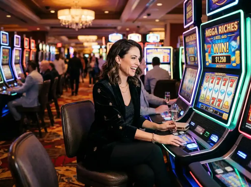 Woman enjoying slot machines inside a real casino, experiencing the excitement of fb777 slot casino gaming atmosphere