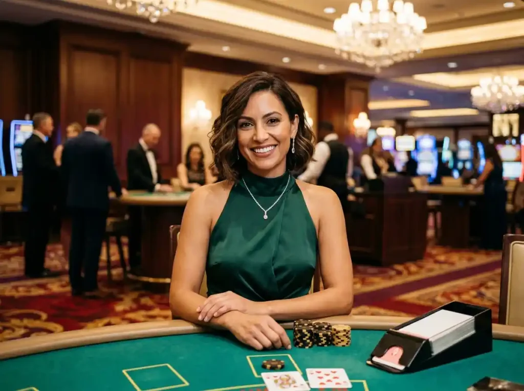 Elegant casino player smiling at the camera inside a real casino setting, reflecting the experience of fb777 slot casino online gaming environment.