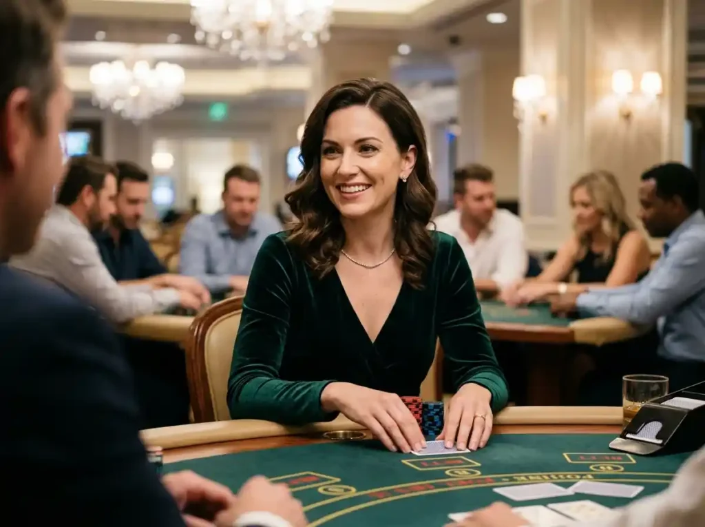 Elegant woman smiling at a poker table in a real casino, enjoying fb777 slot casino online casino experience