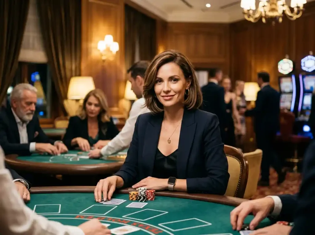 Stylish female casino guest looking at the camera while seated at a poker table in a luxury casino, representing the excitement of the fb777 slot casino login philippines app experience