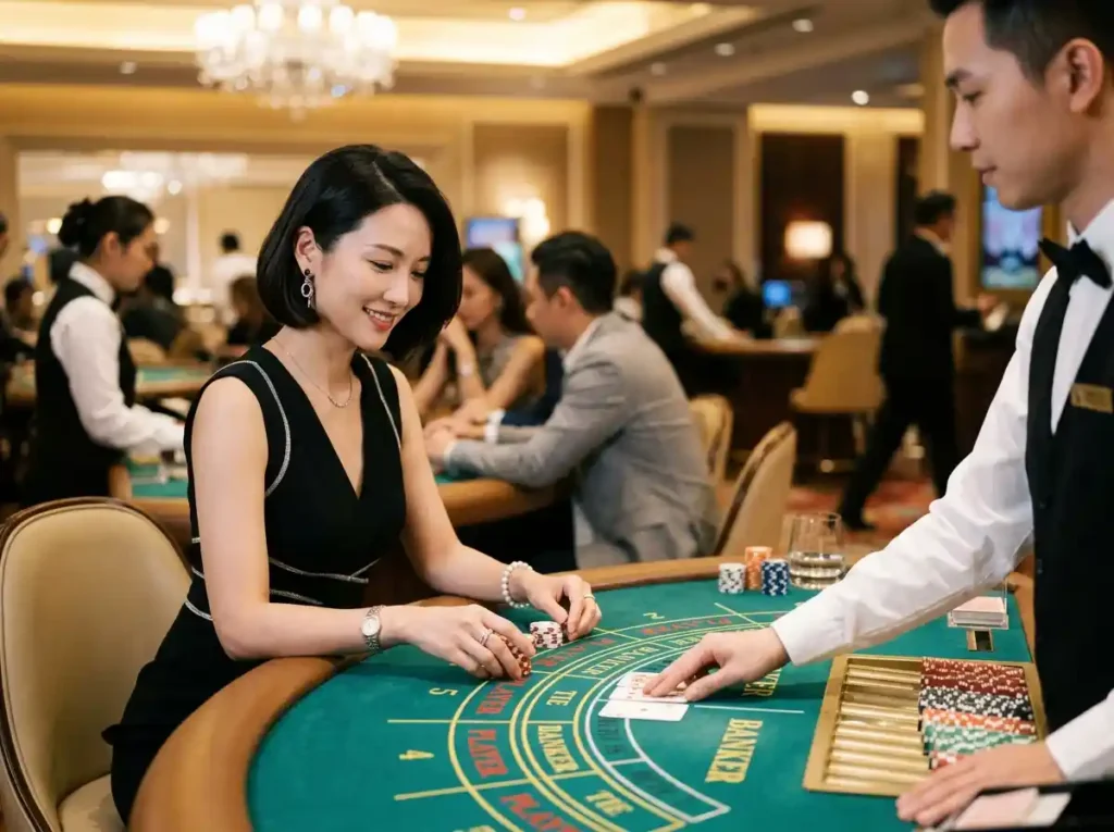 Elegant woman playing baccarat at a real casino table, inspired by the exciting experience of the fb777 slot casino login philippines app