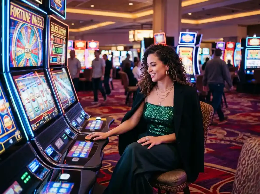 Fashionable casino guest enjoying bright slot machines inside a luxury casino, reflecting the excitement of the fb777 slot casino login philippines app experience