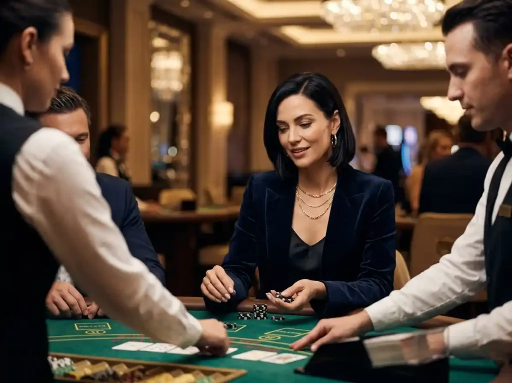 Stylish female gambler playing a table game inside a real casino, inspired by the excitement of the fb777 slot casino login philippines app experience