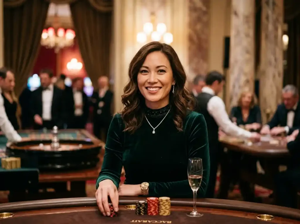 Smiling elegant woman inside a real casino playing a slot machine, illustrating the hot shot casino slots guide for online casino players.