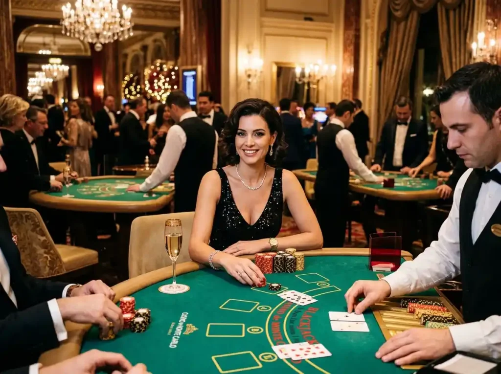 Female player seated at a poker table in a real casino looking at the camera, representing hot shot casino slots guide for online casino slot strategies and gameplay insights.