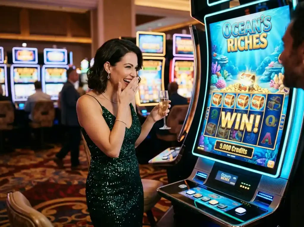 Glamorous female guest inside a real casino celebrating a winning slot machine display, highlighting the excitement of hot shot casino slots guide within the online casino gaming experience.