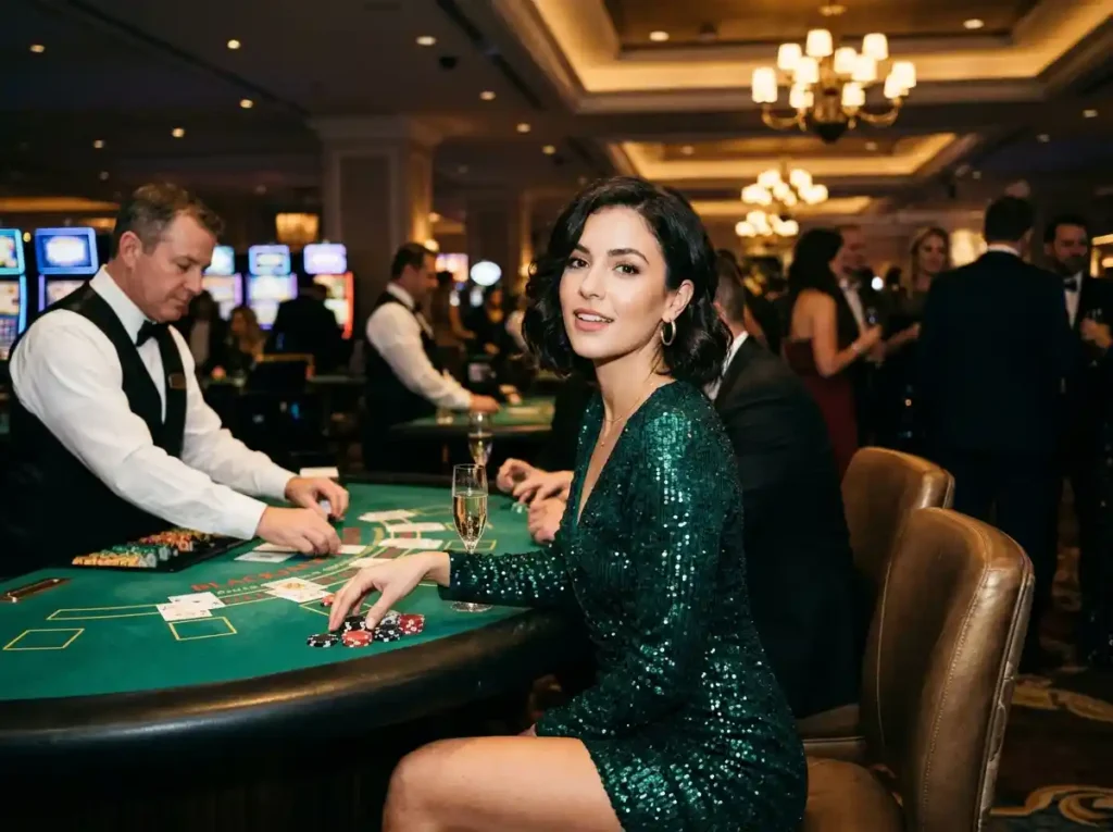 Glamorous female casino player seated at a blackjack table in a real casino setting, reflecting the atmosphere of the hot shot casino slots guide within an online casino experience.