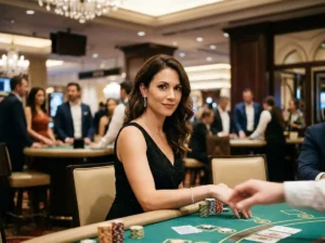 Woman playing at a poker table inside a real casino, enjoying the atmosphere while engaging with mexican slot game 2026 tips in a lively gaming environment.