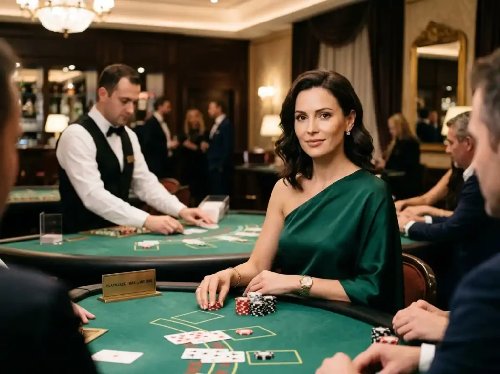 Elegant woman casino guest facing front at a table game inside a real casino, reflecting mexican slot game 2026 tips for online casino gameplay strategy.