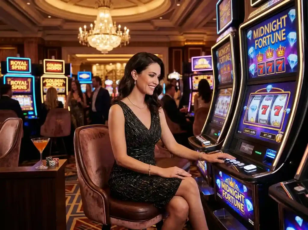 Stylish woman playing slot machines inside a real casino, exploring mexican slot game 2026 tips for improving strategy in online casino slot games.