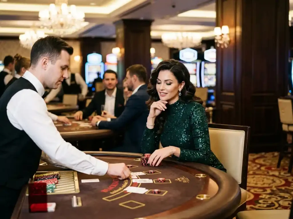 Woman playing slot machine inside a real casino, showing mexican slot game 2026 tips in a lively casino gaming floor environment.